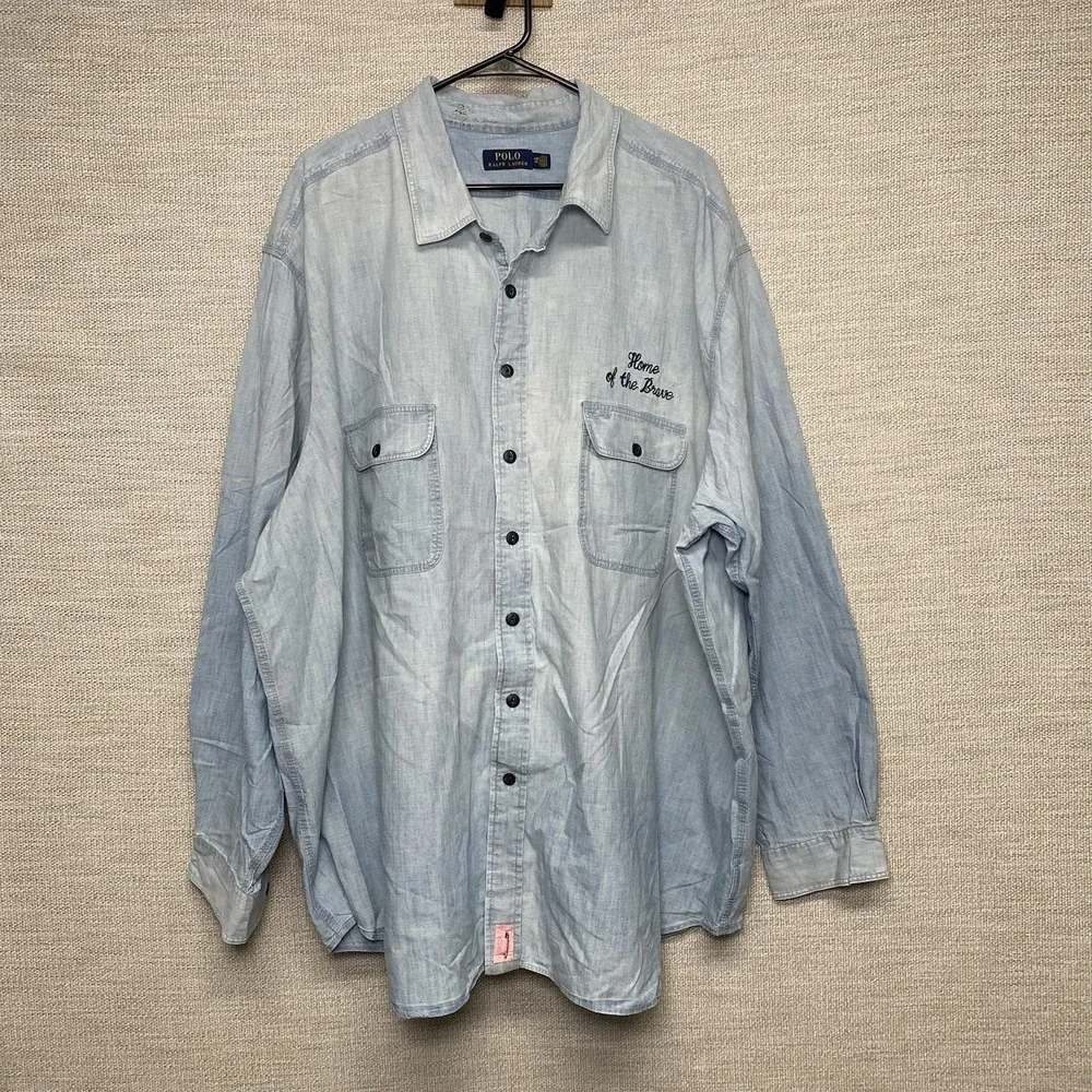 Polo Ralph Lauren Shirt 4XB Chambray Embroidered Eagle Flag USA Work Shirt